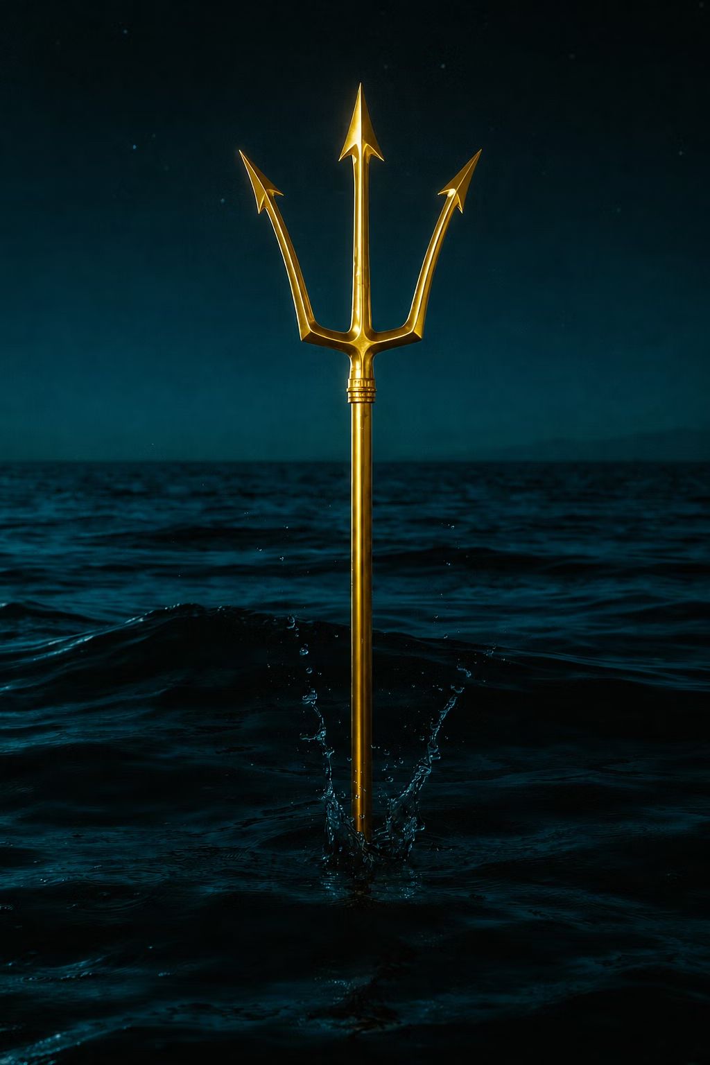 A golden trident standing in a dark ocean